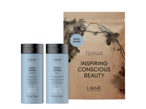 Lakme kelioninis plaukų priežiūros priemonių rinkinys Teknia Travel Pack Body Maker, rinkinį sudaro: šampūnas plaukams 100ml ir balzamas 100ml